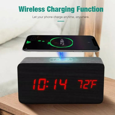 Wooden Digital Alarm Clock with Wireless Phone Charging Pad - TechShopi